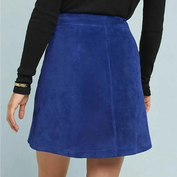 ANTHROPOLOGIE Suede Leather Vintage 70's Suede Button Mini Skirt Blue - Picture 2 of 6